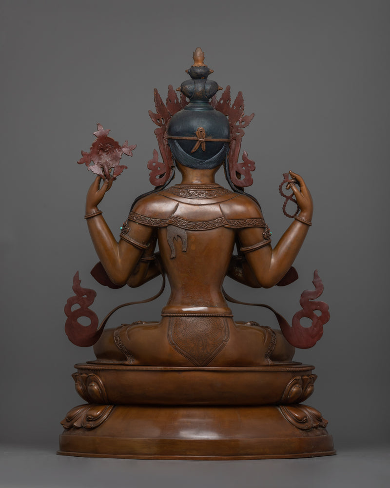 Tibetan Four-Armed Chenrezig Handcrafted Oxidized Copper Figurine | Compassion and Serenity