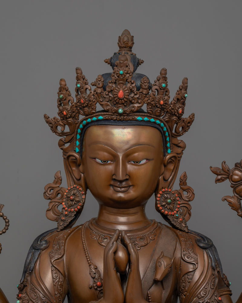 Tibetan Four-Armed Chenrezig Handcrafted Oxidized Copper Figurine | Compassion and Serenity