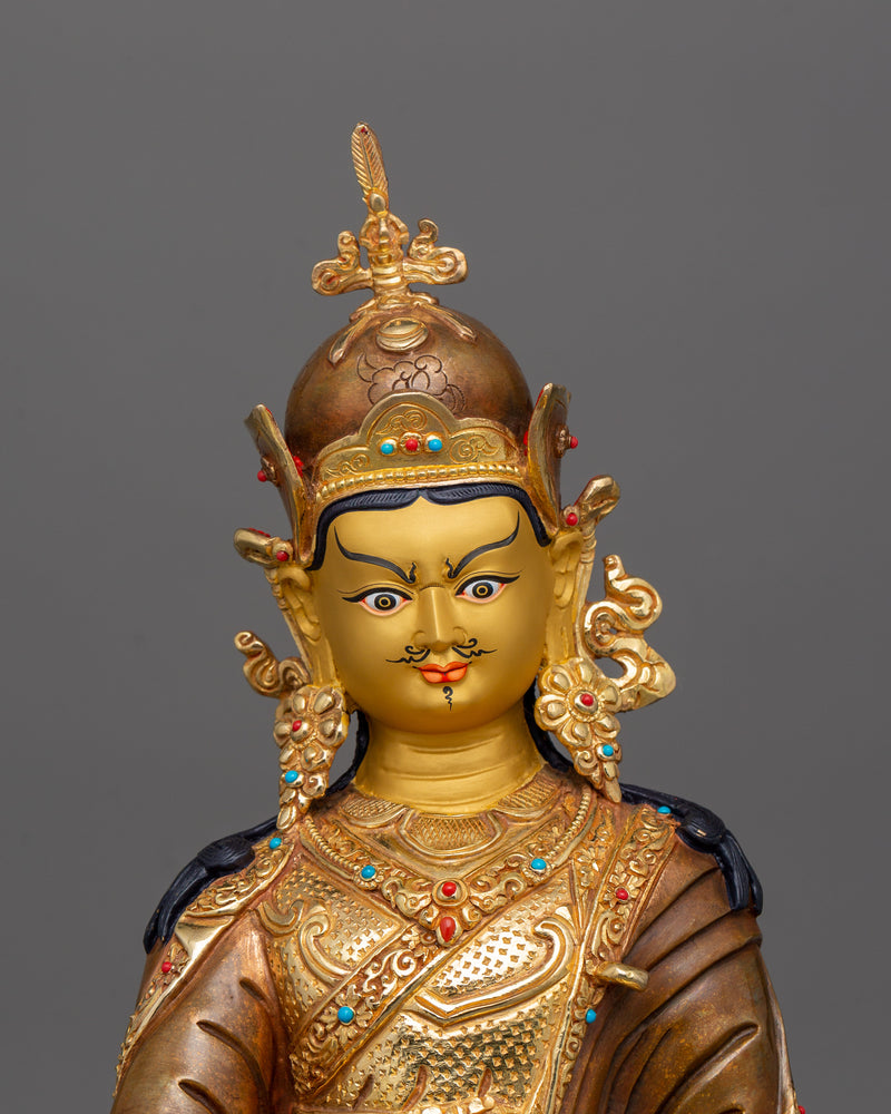 Tibetan Second Buddha Padmasambhava Figurine | 24K Gold Gilded Copper Artwork