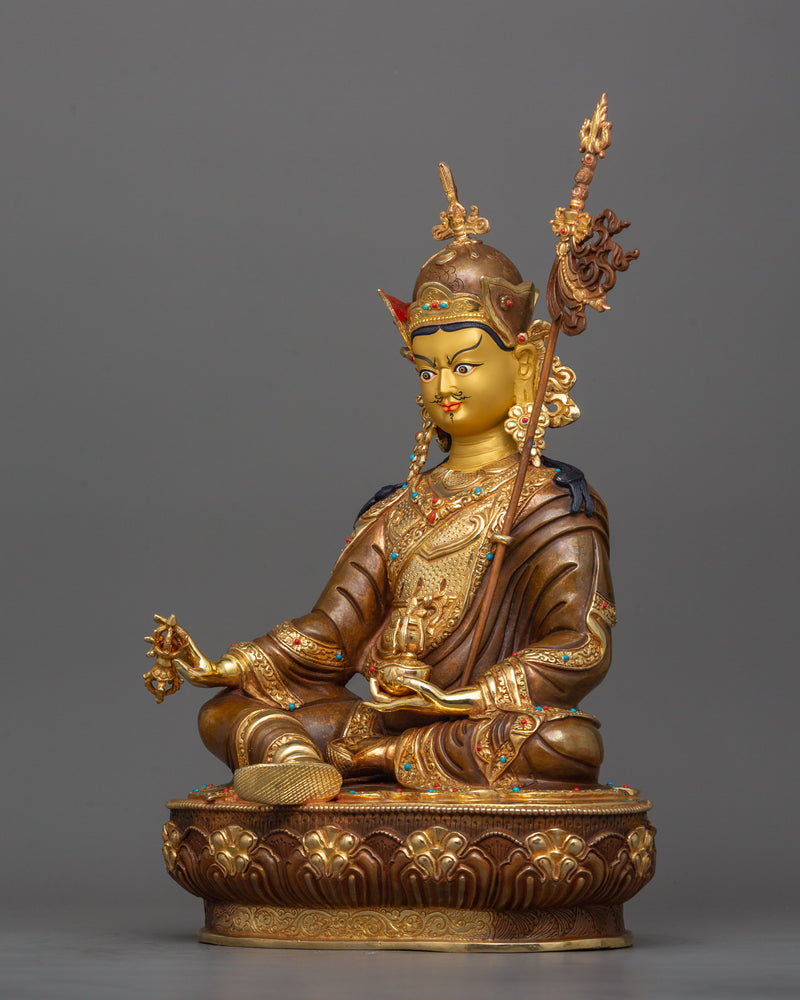 Tibetan Second Buddha Padmasambhava Figurine | 24K Gold Gilded Copper Artwork