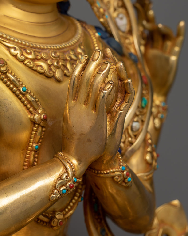 Four Arm Chenrezig Golden Statue | 24K Gold Gilded 19 Inch Statue of Boddhisattva