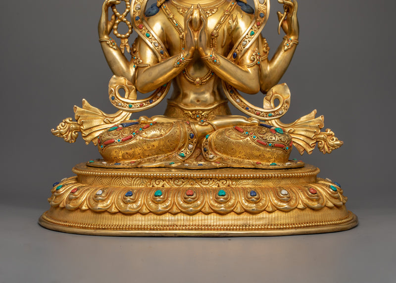 Four Arm Chenrezig Golden Statue | 24K Gold Gilded 19 Inch Statue of Boddhisattva