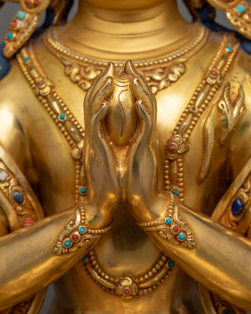 Four Arm Chenrezig Golden Statue | 24K Gold Gilded 19 Inch Statue of Boddhisattva