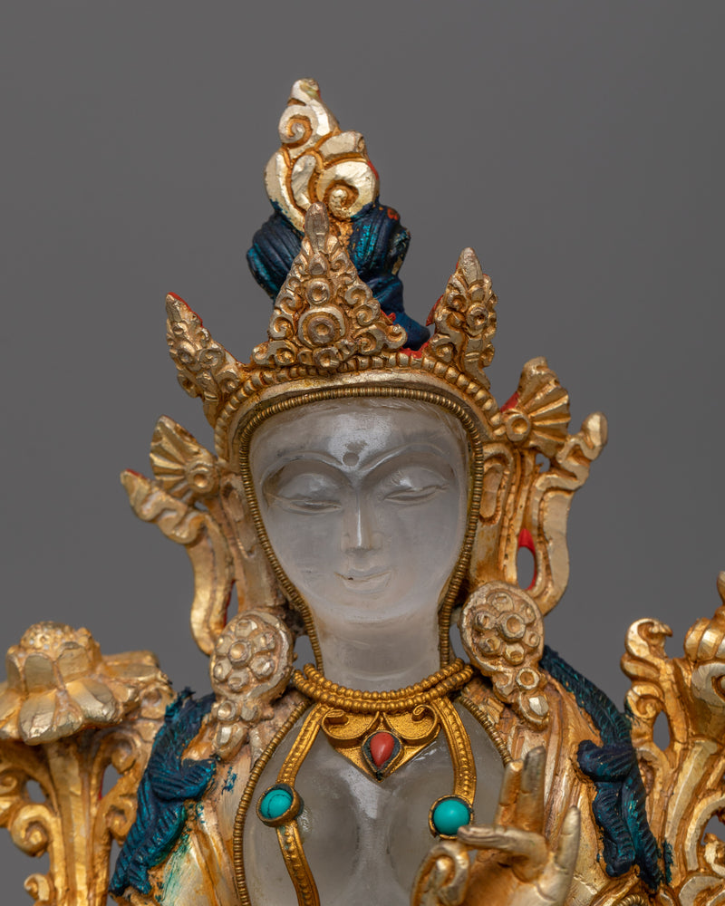 Crystal Green Tara Statue | Handcrafted and Gold Electroplated Deity