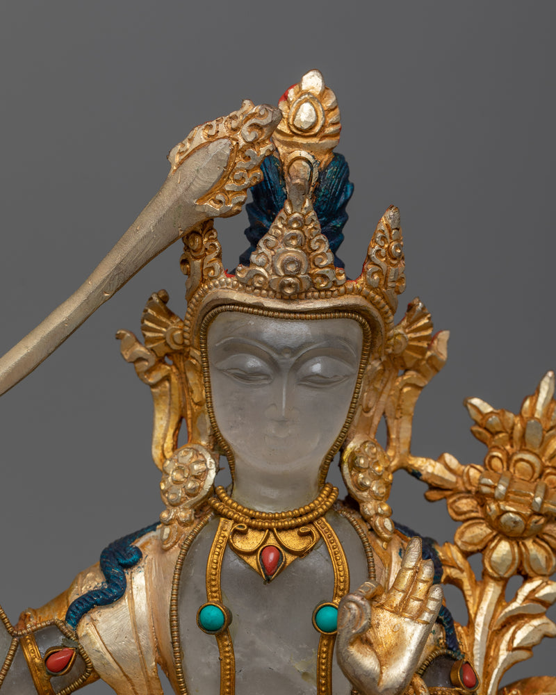 Crystal Manjushri Statue | Gold Electroplated Deity Sculpture