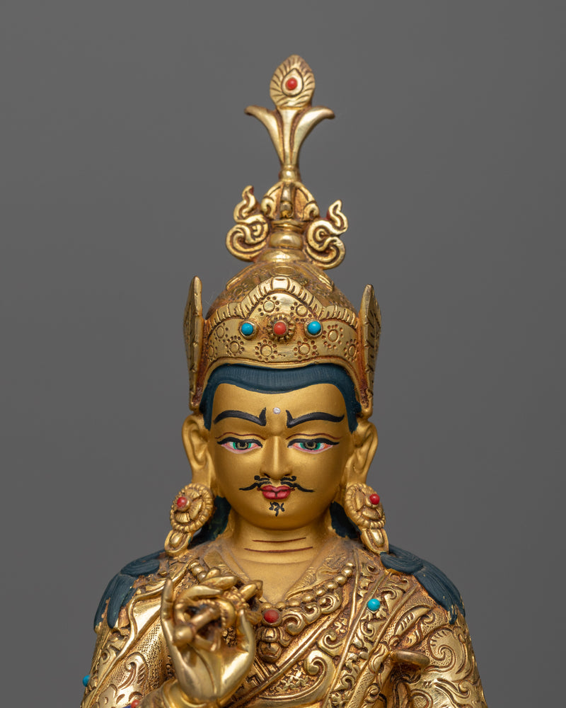 11.8-Inch 24K Gold-Gilded Guru Rinpoche Statue | Handcrafted Gemstone-Embellished Art