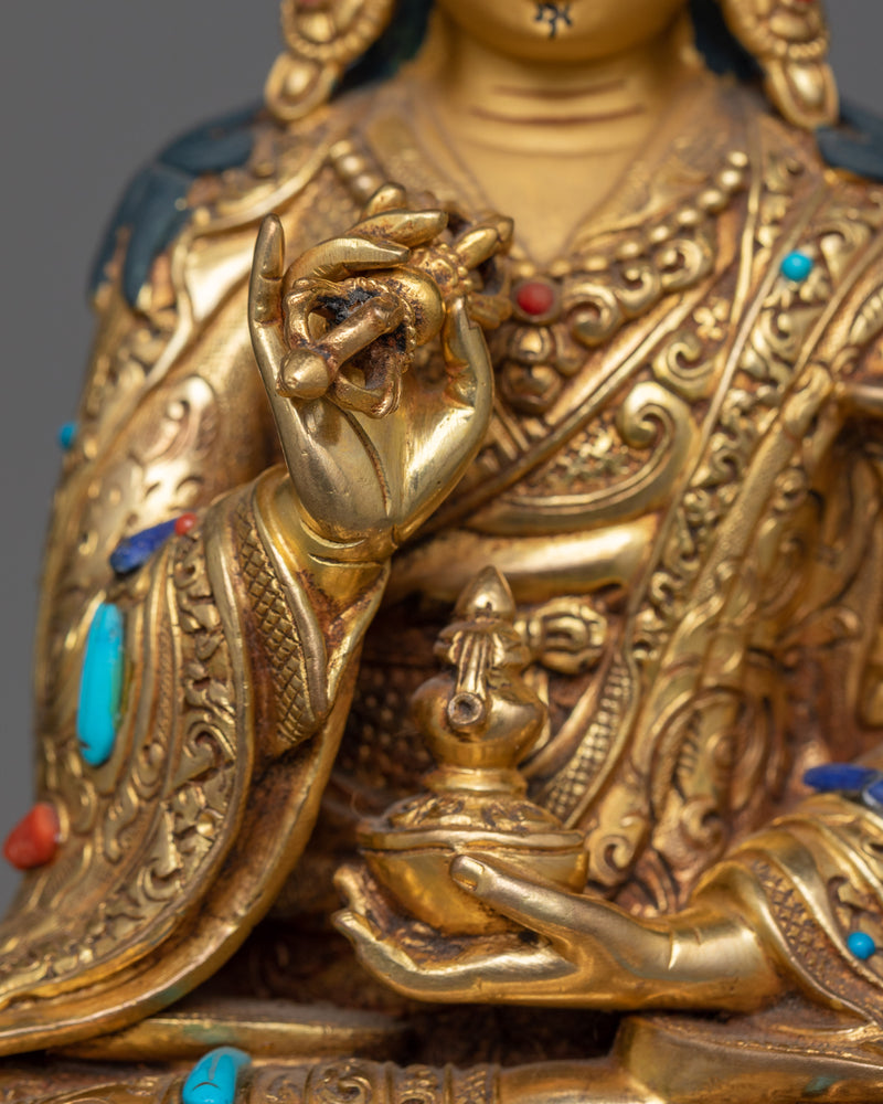 11.8-Inch 24K Gold-Gilded Guru Rinpoche Statue | Handcrafted Gemstone-Embellished Art