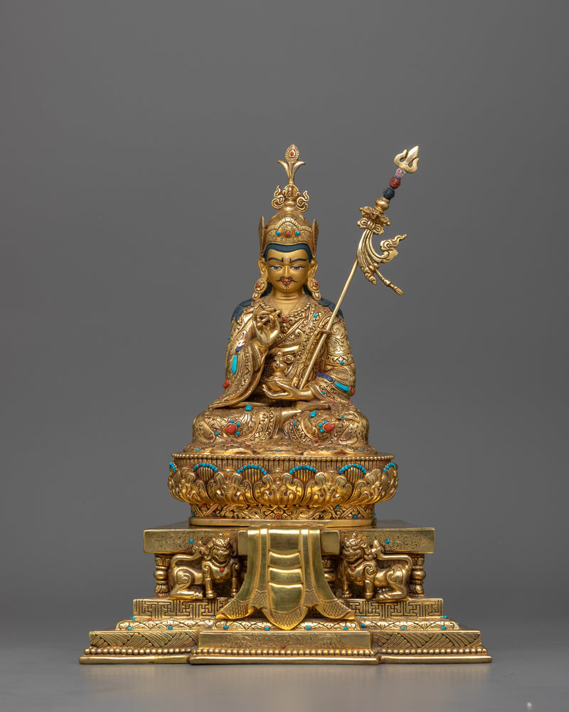 11.8-Inch 24K Gold-Gilded Guru Rinpoche Statue | Handcrafted Gemstone-Embellished Art