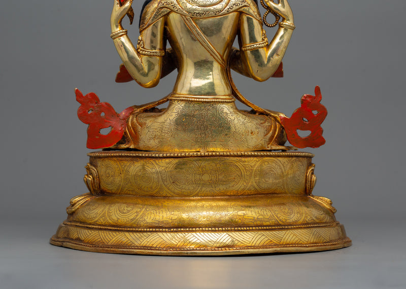 Golden Avalokiteśvara Statue | Four Armed Chenrezig Gilded in 24k Gold