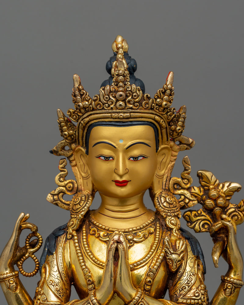 Golden Avalokiteśvara Statue | Four Armed Chenrezig Gilded in 24k Gold