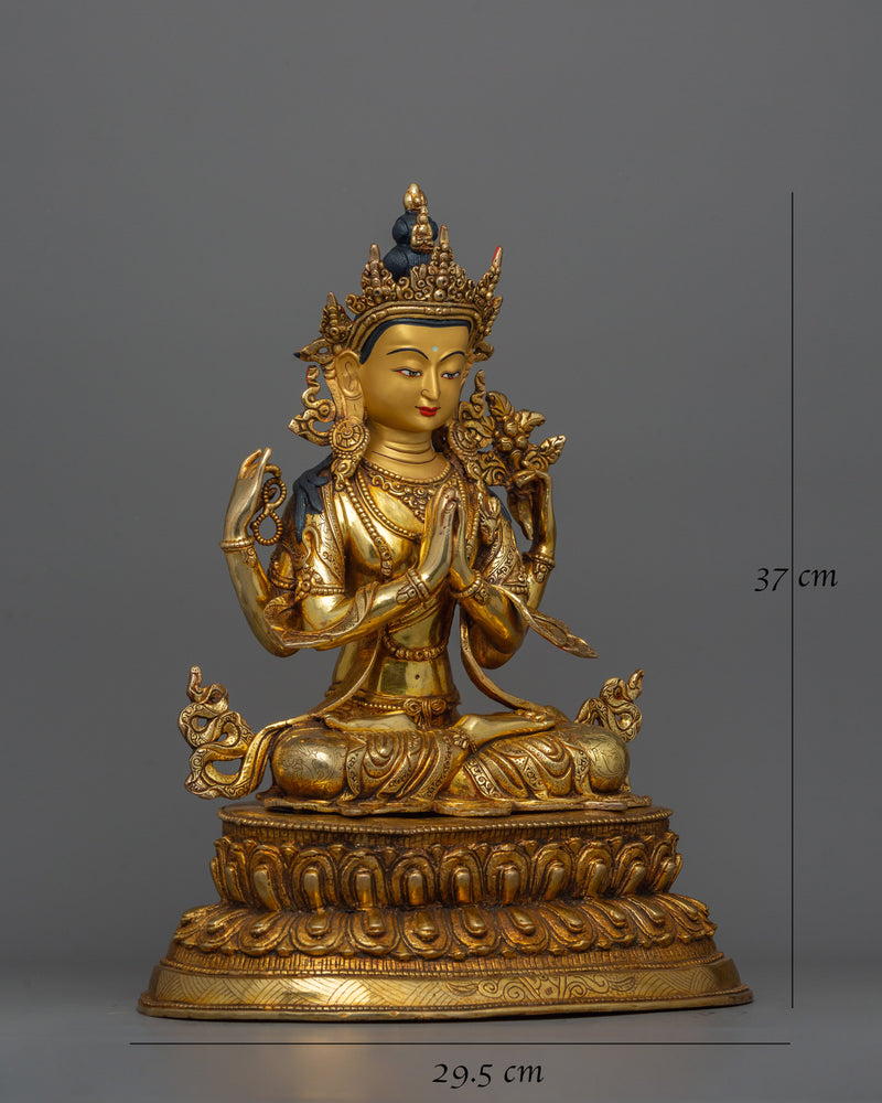 Golden Avalokiteśvara Statue | Four Armed Chenrezig Gilded in 24k Gold