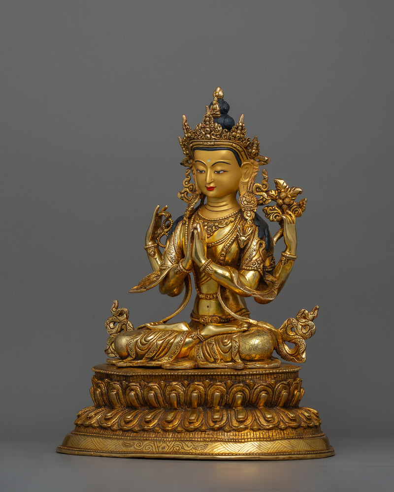 Golden Avalokiteśvara Statue | Four Armed Chenrezig Gilded in 24k Gold