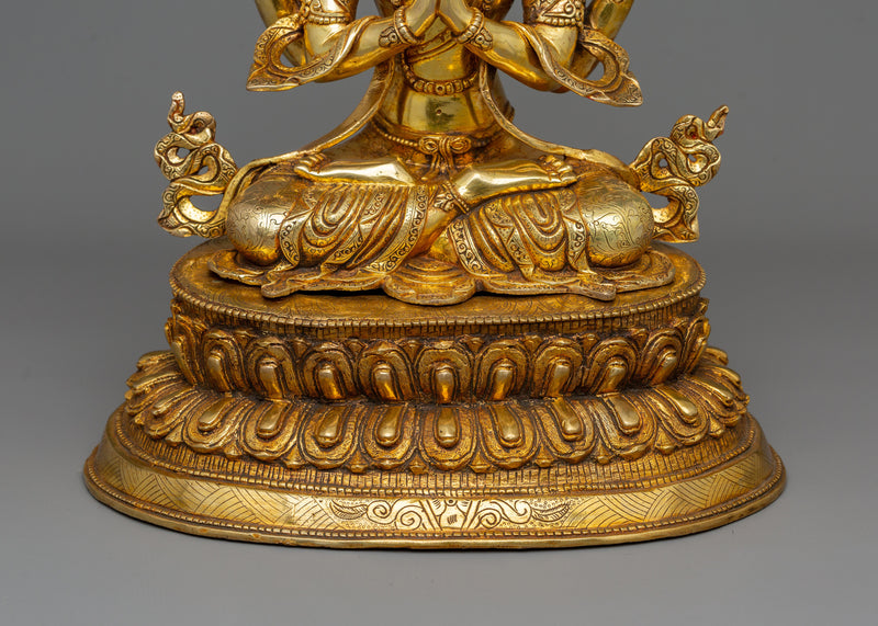 Golden Avalokiteśvara Statue | Four Armed Chenrezig Gilded in 24k Gold