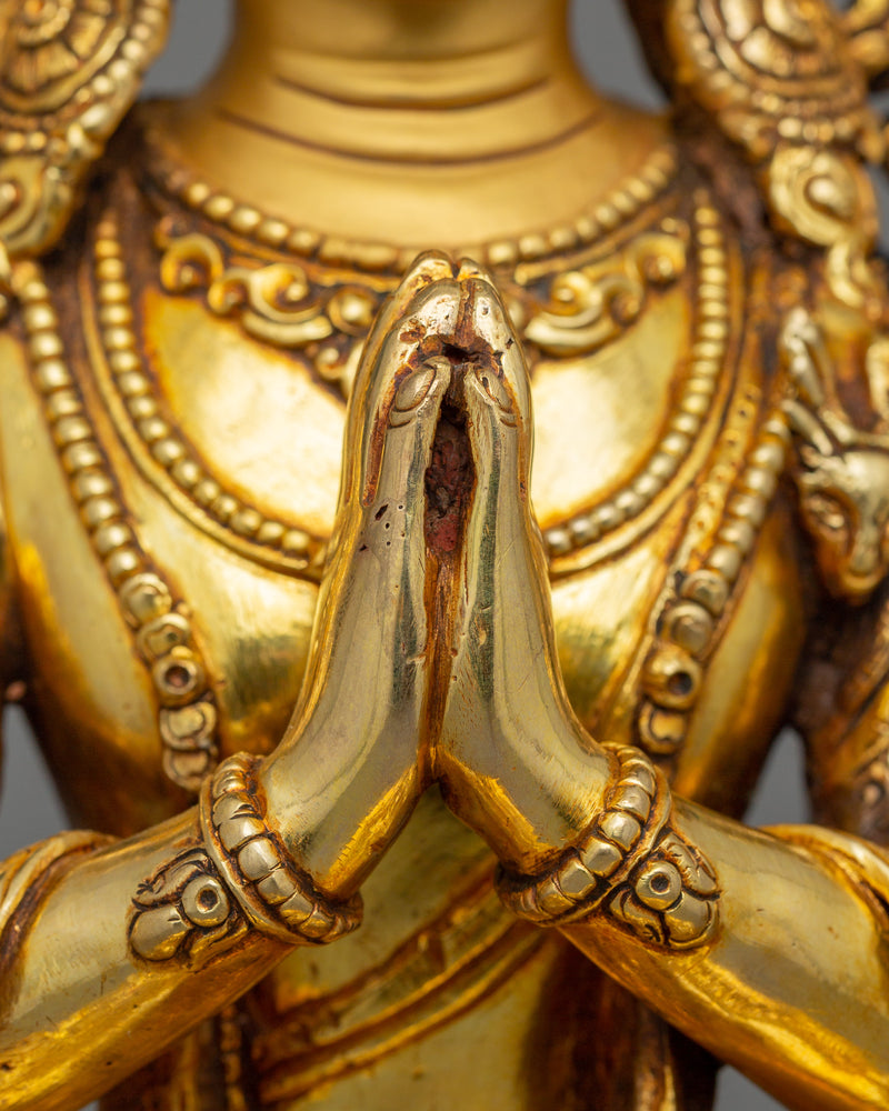 Golden Avalokiteśvara Statue | Four Armed Chenrezig Gilded in 24k Gold