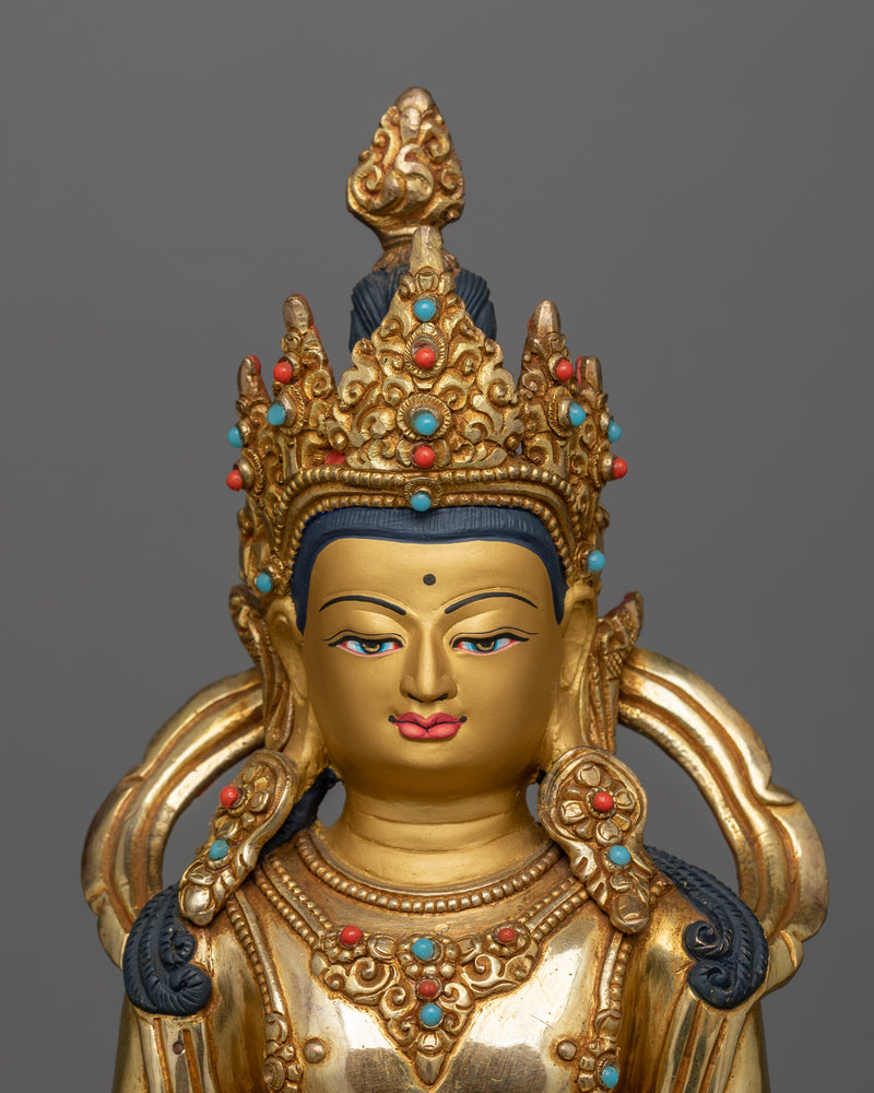 24K Gold-Gilded Amitayus Statue | Handcrafted Gemstone-Embellished Sculpture