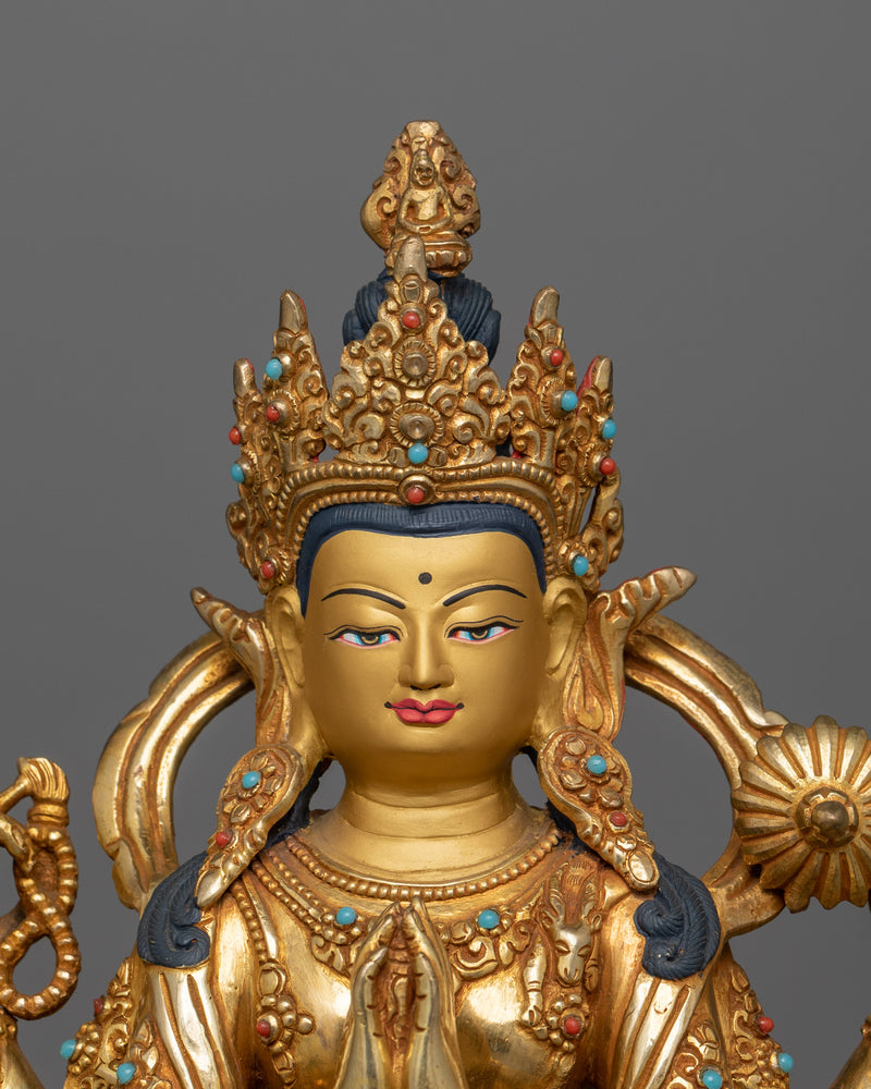 24K Gold-Gilded Chenrezig Statue | Handcrafted Gemstone-Embellished Sculpture