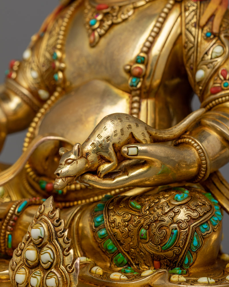 Gold-Gilded Jambhala Statue | Handcrafted Sculpture with Stone Citron