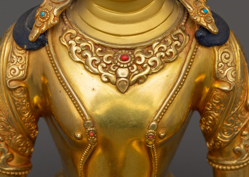 Gold-Gilded Handcrafted Amitayus Statue | Handcrafted Gemstone-Embellished Sculpture