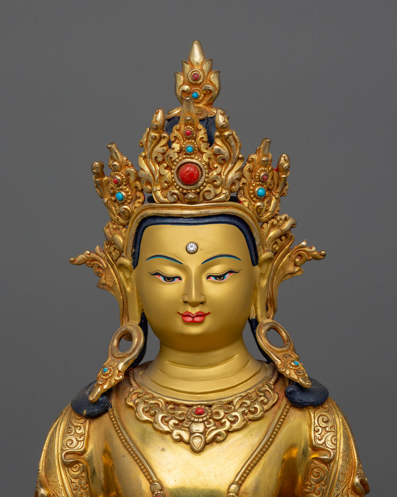 Gold-Gilded Handcrafted Amitayus Statue | Handcrafted Gemstone-Embellished Sculpture