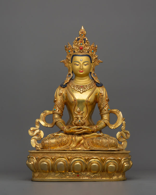 Gold-Gilded Handcrafted Amitayus Statue | Handcrafted Gemstone-Embellished Sculpture