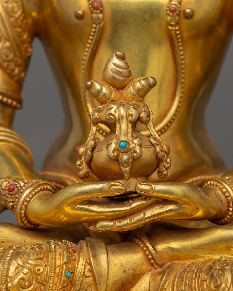 Gold-Gilded Handcrafted Amitayus Statue | Handcrafted Gemstone-Embellished Sculpture