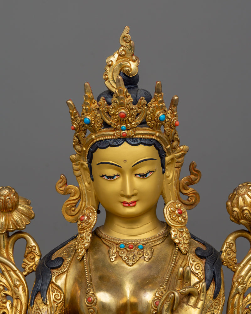 16.5-Inch Green Tara Statue | Handcrafted Gemstone-Embellished Sculpture