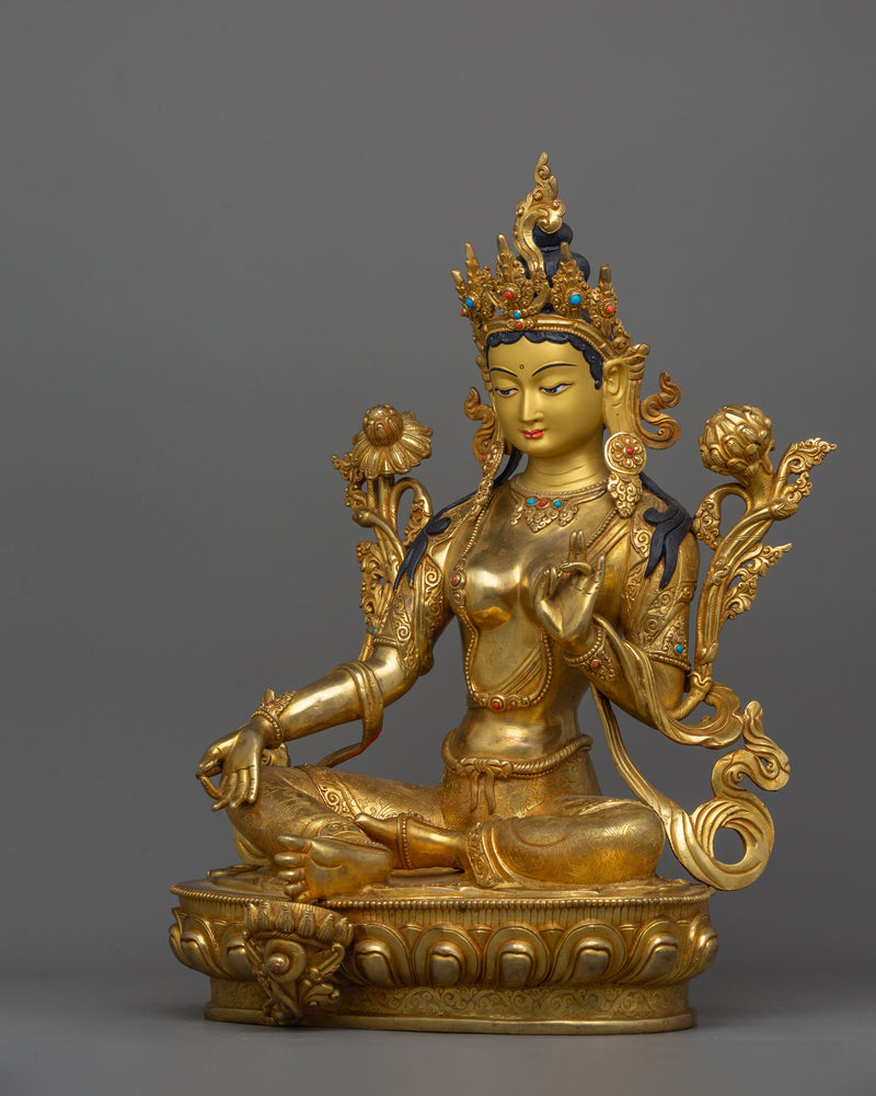 16.5-Inch Green Tara Statue | Handcrafted Gemstone-Embellished Sculpture