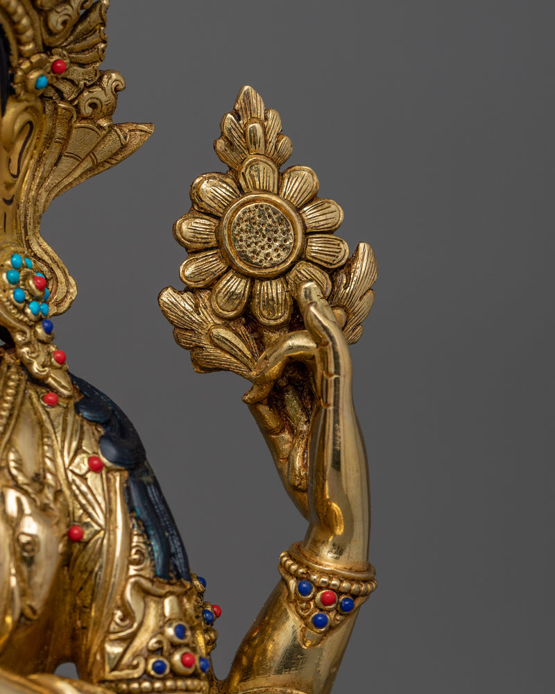 24K Gold-Gilded Avalokiteshvara Statue | Gemstone Detailing Chenrezig Statue