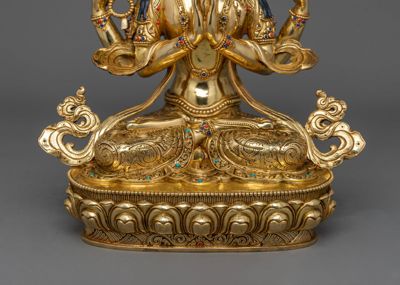 24K Gold-Gilded Avalokiteshvara Statue | Gemstone Detailing Chenrezig Statue