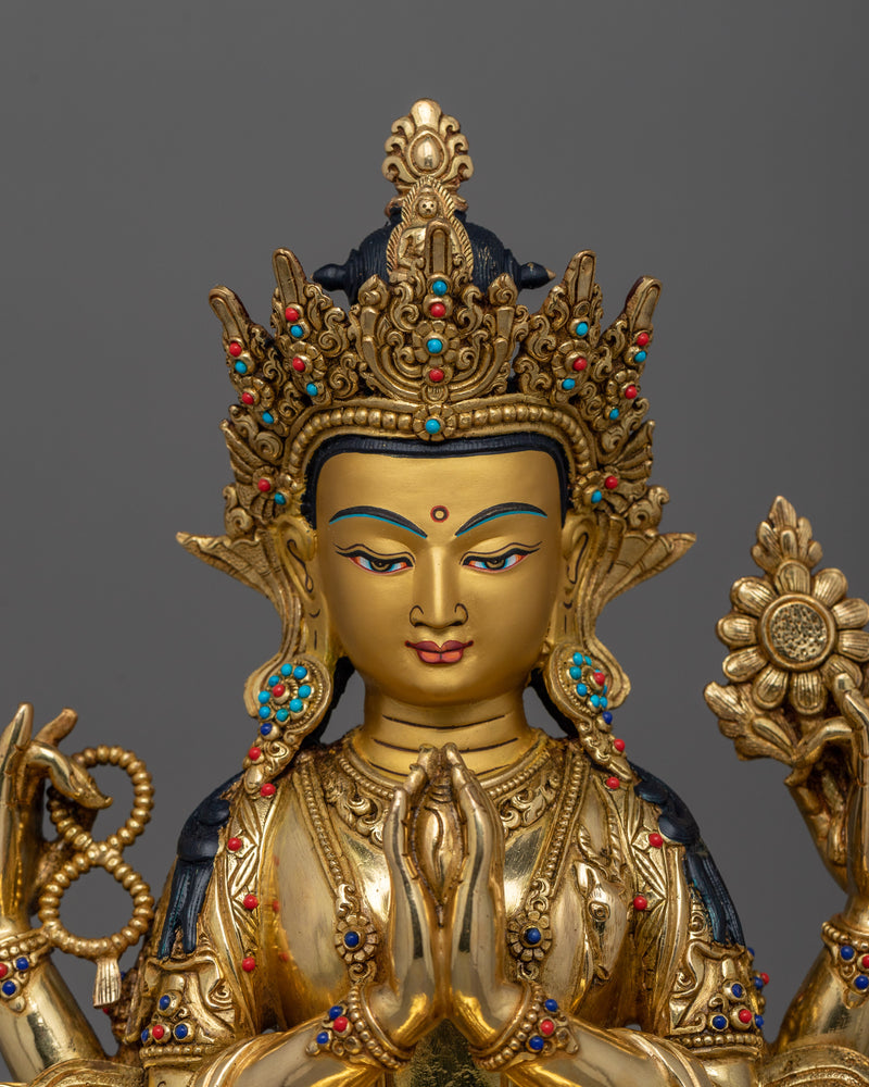 24K Gold-Gilded Avalokiteshvara Statue | Gemstone Detailing Chenrezig Statue