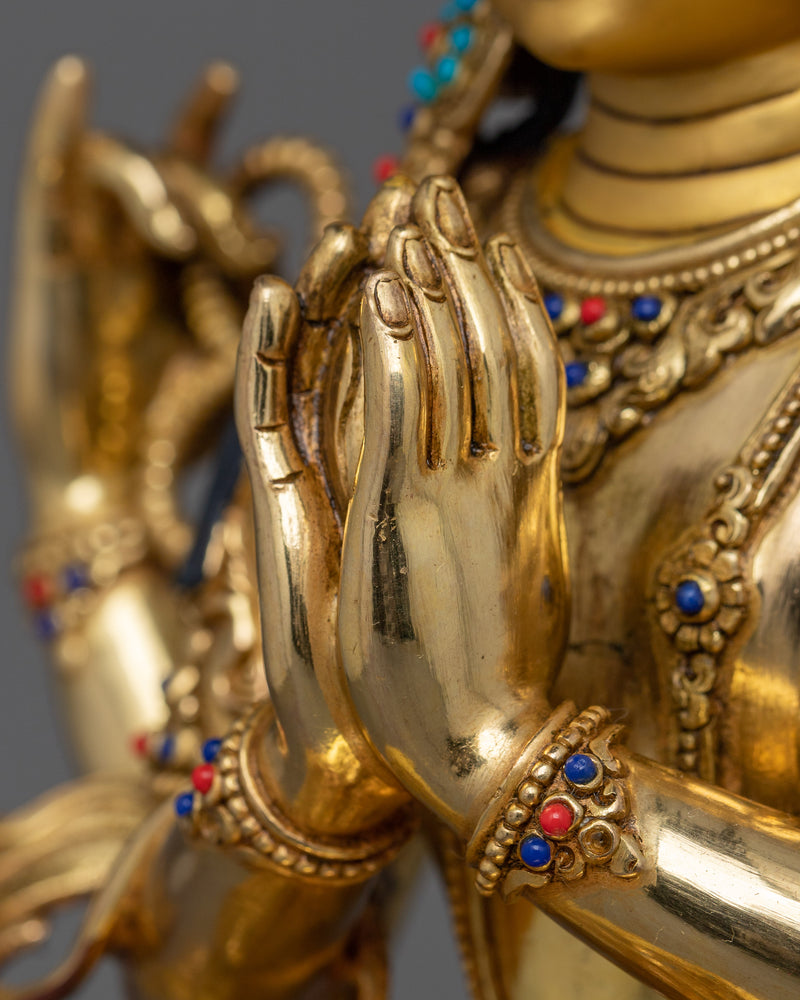 24K Gold-Gilded Avalokiteshvara Statue | Gemstone Detailing Chenrezig Statue