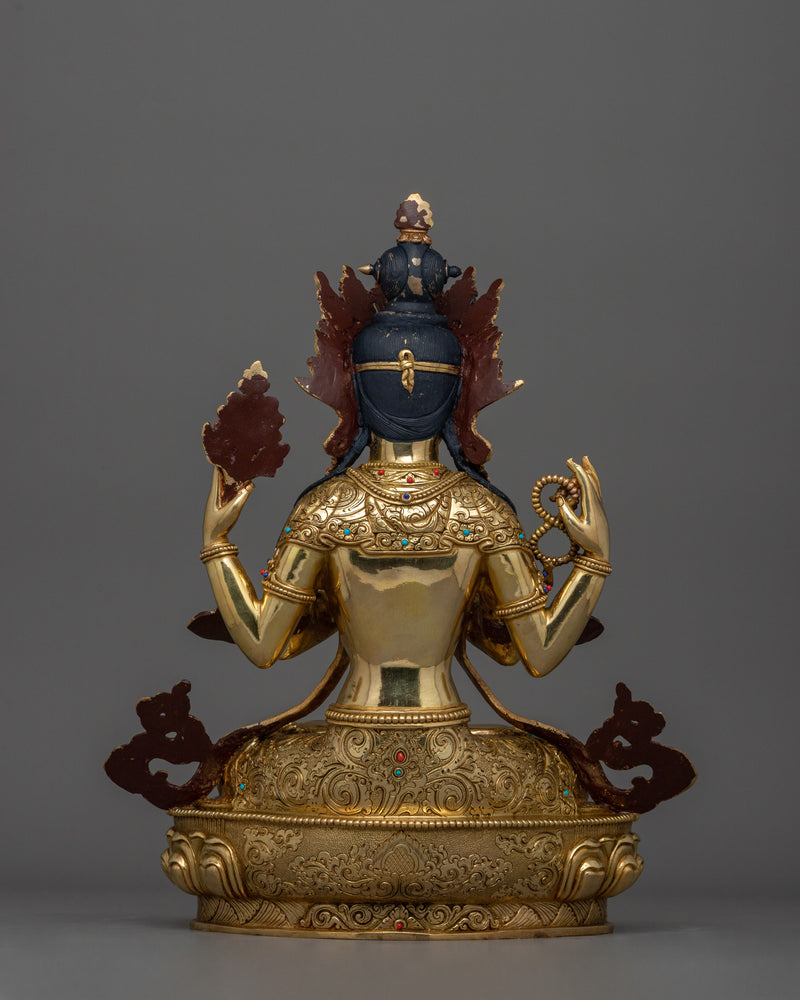 24K Gold-Gilded Avalokiteshvara Statue | Gemstone Detailing Chenrezig Statue