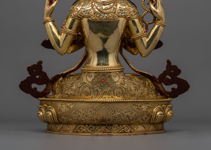 24K Gold-Gilded Avalokiteshvara Statue | Gemstone Detailing Chenrezig Statue