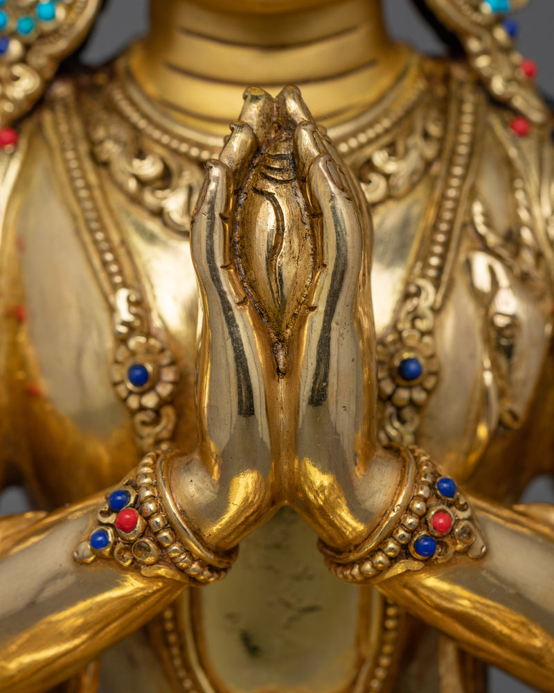 24K Gold-Gilded Avalokiteshvara Statue | Gemstone Detailing Chenrezig Statue