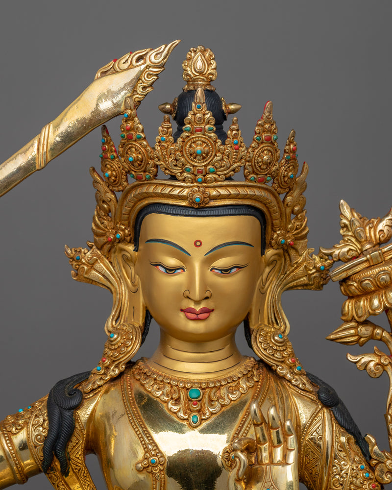 24K Gold-Gilded Bodhisattva of Wisdom | Manjushri Hand-crafted Copper Statue