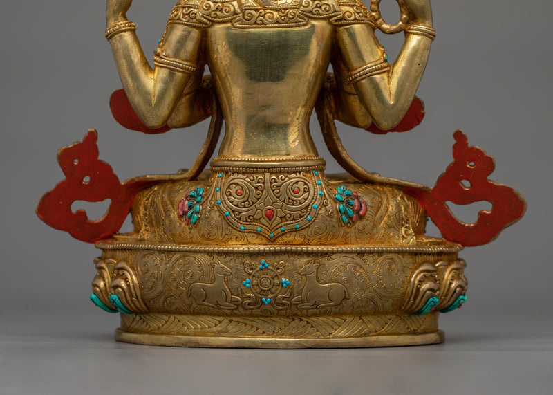 Buddhism Dharma Chenrezig Compassionate Figurine | Four Arm Bodhisattva Deity Art