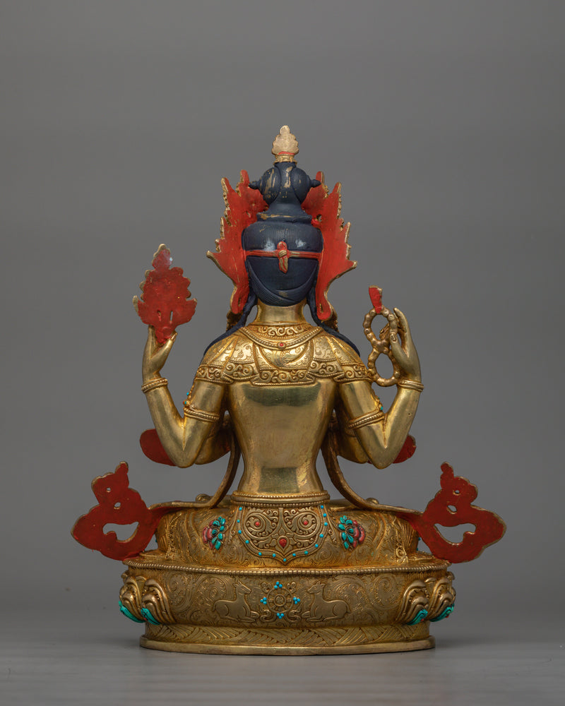 Buddhism Dharma Chenrezig Compassionate Figurine | Four Arm Bodhisattva Deity Art