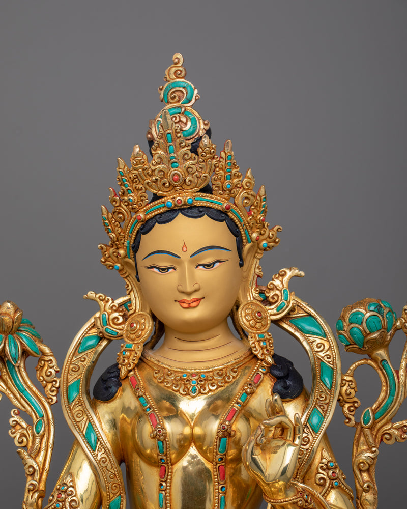 Bodhisattva of Compassion and Protection | Green Tara Statue: 24K Gold-Gilded