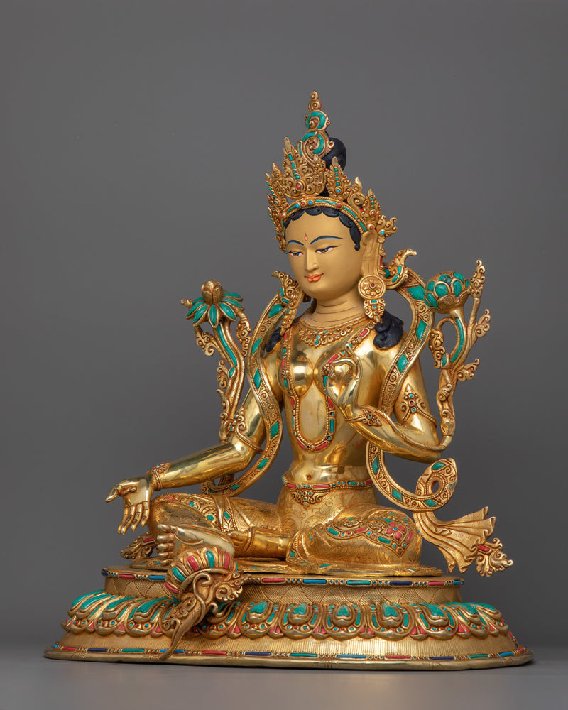 Bodhisattva of Compassion and Protection | Green Tara Statue: 24K Gold-Gilded