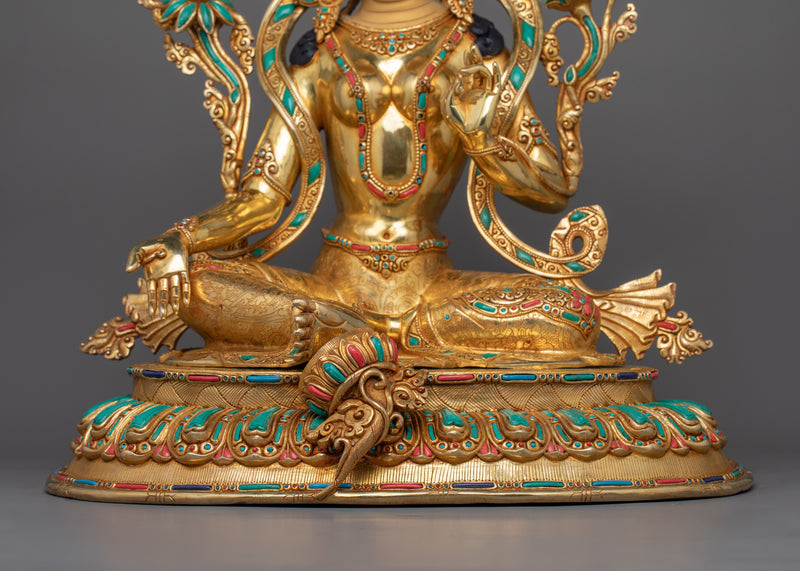 Bodhisattva of Compassion and Protection | Green Tara Statue: 24K Gold-Gilded