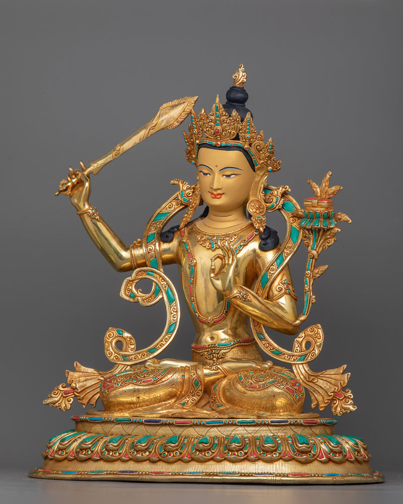 24K Gold Gilded Buddhist Manjushri Tibetan Deity Statue | Representation of Supreme Wisdom