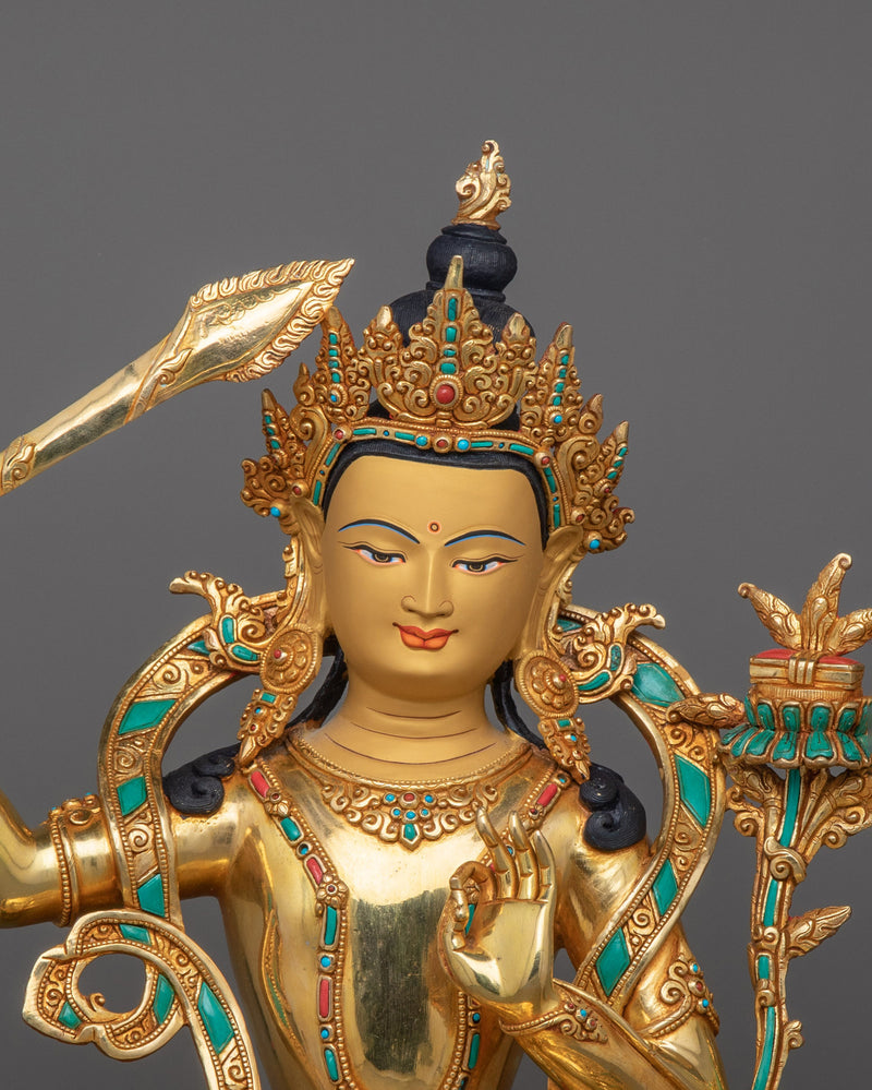 24K Gold Gilded Buddhist Manjushri Tibetan Deity Statue | Representation of Supreme Wisdom