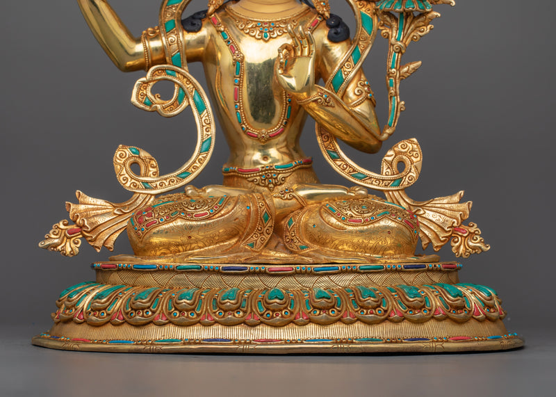 24K Gold Gilded Buddhist Manjushri Tibetan Deity Statue | Representation of Supreme Wisdom