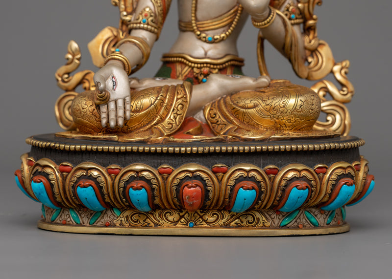 White Tara Peaceful Goddess Statue | 24K Gold-Gilded Religious Figure