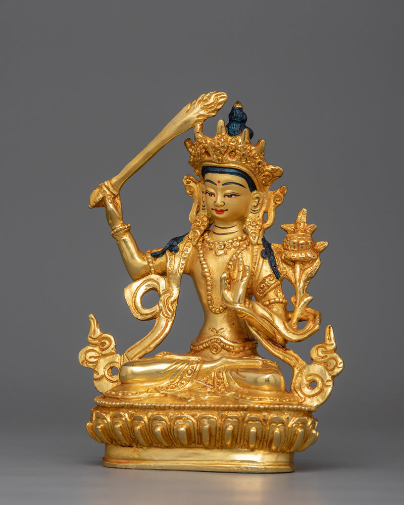 Manjushri Statue for Wisdom Tibetan Statue | 24K Gold Gilded Golden Decor