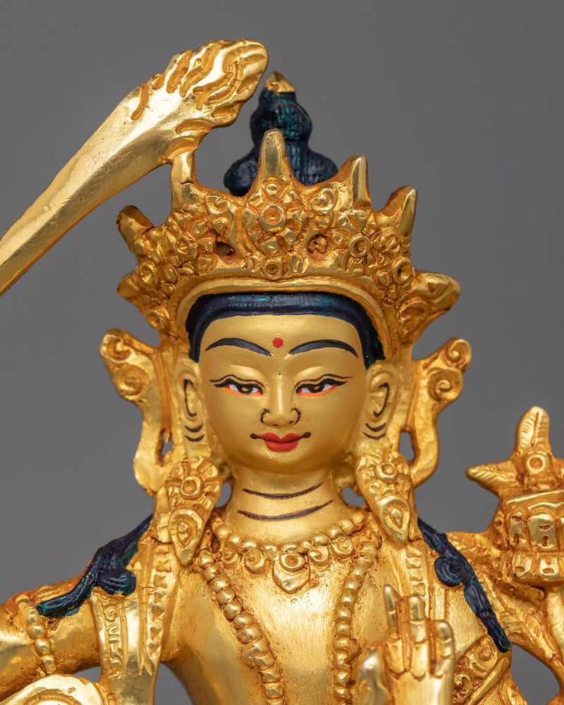 Manjushri Statue for Wisdom Tibetan Statue | 24K Gold Gilded Golden Decor