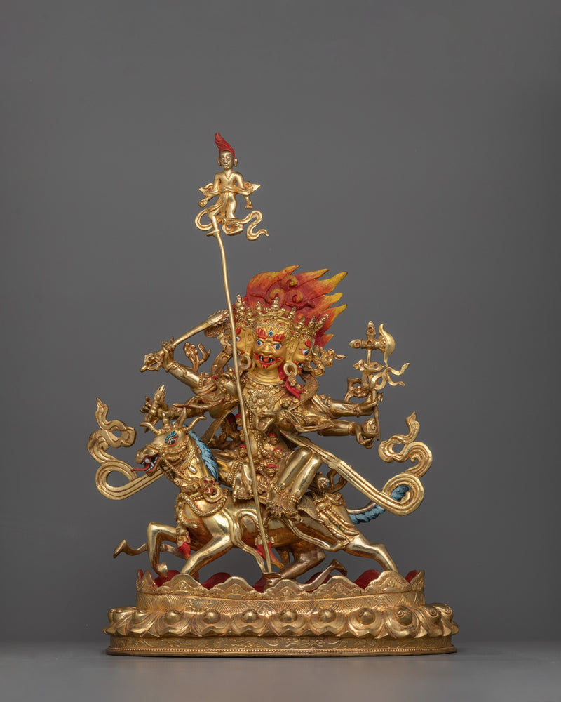 Magnificent Sipai Gyalmo Bon Deity Statue | 24K Gold Gilded Copper Art