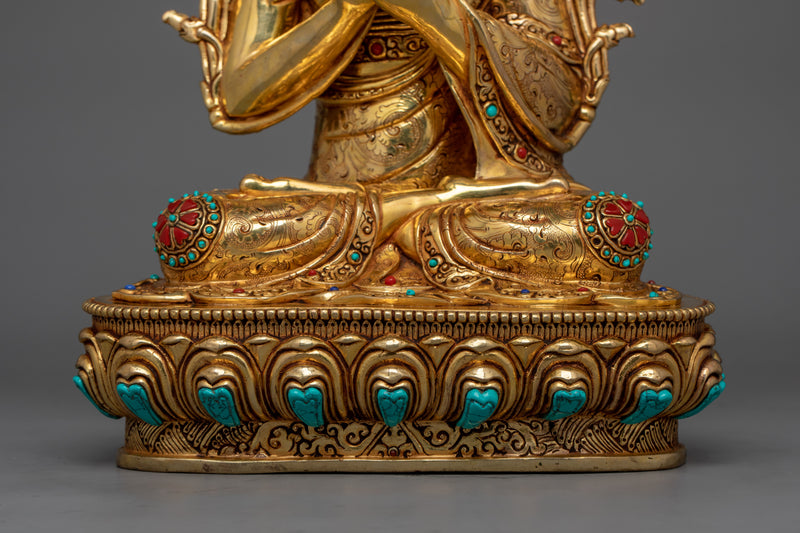 Religious Meditative Tsong Khapa Set Statue | Handcrafted 24K Gold Gilded