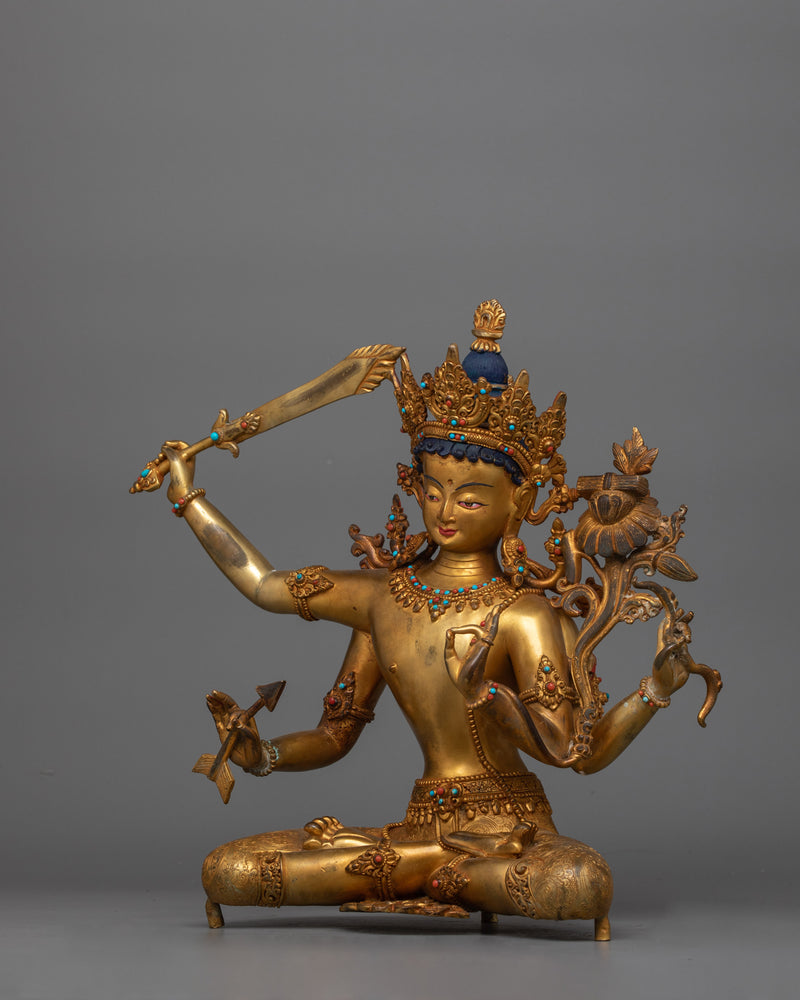 Simhanada Red Manjushri Sculpture |  24K Gold-Gilded Statue