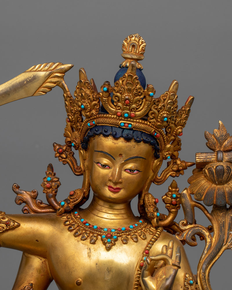 Simhanada Red Manjushri Sculpture |  24K Gold-Gilded Statue